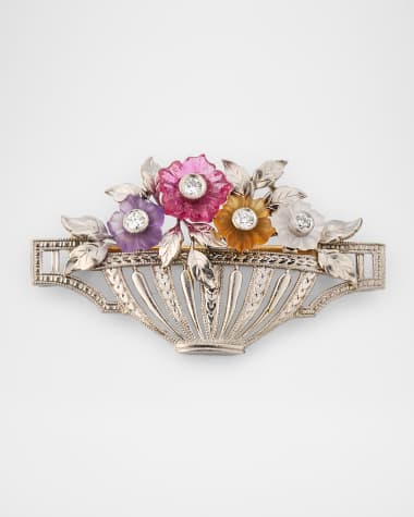 NM Estate Estate Platinum and 14K Gold Carved Mixed-Stone Flower Basket Brooch with Diamonds