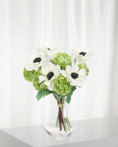 NDI Faux Anemone Snowball Floral Arrangement in Glass Vase