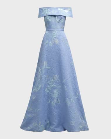 Rickie Freeman for Teri Jon Off-Shoulder Metallic Flower Jacquard Gown