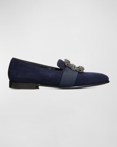 Manolo Blahnik Men's Carlton Buckle-Embellished Suede Loafers