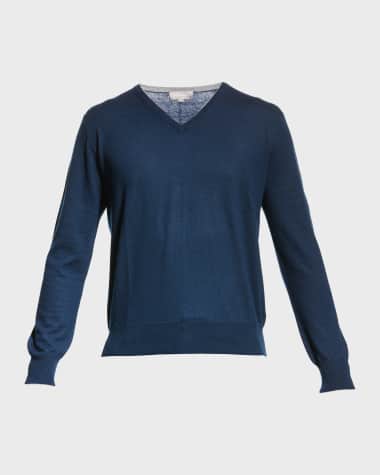 Neiman Marcus Men's Extra Lightweight Wool-Cashmere V-Neck Sweater
