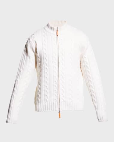 Neiman Marcus Men's Merino Wool-Cashmere Full-Zip Cable Sweater