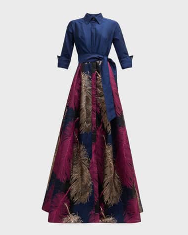 Rickie Freeman for Teri Jon Taffeta Shirtdress w/ Feather Metallic Jacquard