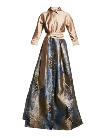 Rickie Freeman for Teri Jon Taffeta Shirtdress w/ Feather Metallic Jacquard