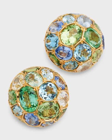 Cicada Jewelry 18K Yellow Gold Sapphire, Green Tourmaline, & Aquamarine Stud Earrings