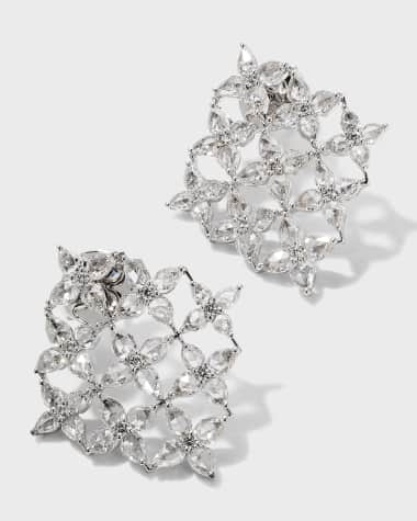 64 Facets White Gold Blossom Motif Earrings with Pear Rose-Cut Diamonds