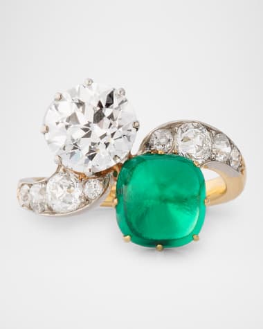 NM Estate Estate 18K Yellow Gold French Victorian Ring with Colombian Emerald and Diamonds
