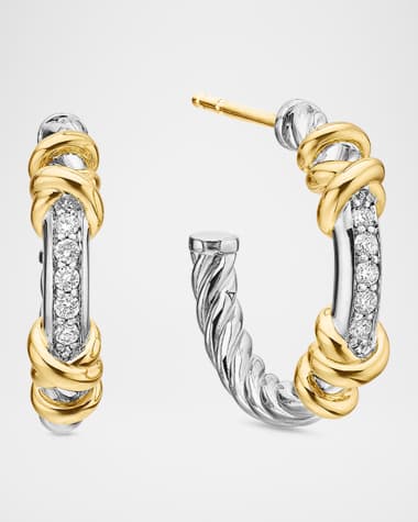 David Yurman Petite Helena Hoop Earrings in Sterling Silver with 18K Gold & Diamonds - 0.75"