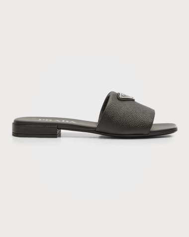 Prada Calfskin Logo Flat Slide Sandals