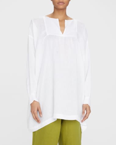 Eskandar Slit-Neck Linen Peasant Shirt (Long Plus Length)