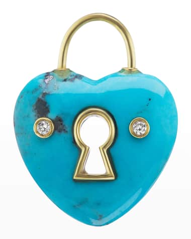 Jenna Blake Yellow Gold Turquoise Heart Charm with Keyhole and 2 White Diamonds