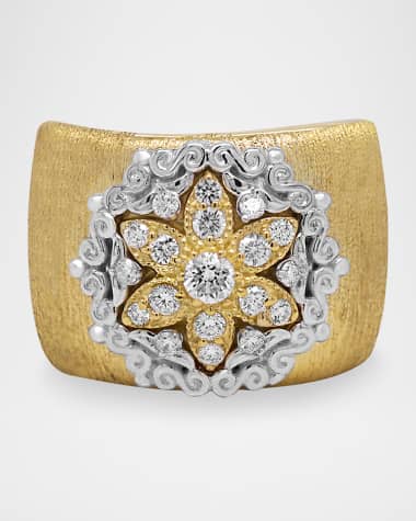 Stambolian 18K Yellow and White Gold Diamond Starburst Wide Band Cigar Band Ring