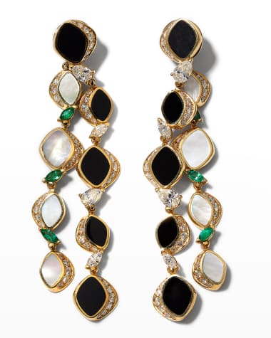 Vendorafa Yellow Gold Pebble Earrings with Mother-of-Pearl, Diamonds and Emeralds