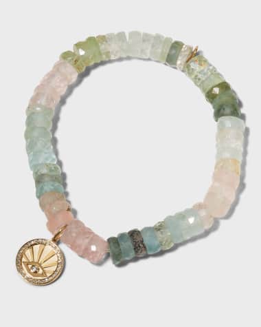 Sydney Evan 8mm Multi Aquamarine Faceted Wheel Bracelet with Sun Ray Coin Charm