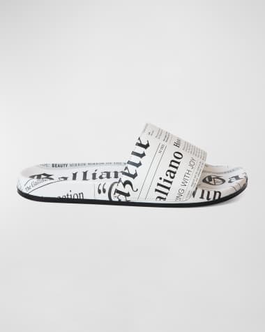 John Galliano Paris Men's Gazette-Print Leather Pool Slides