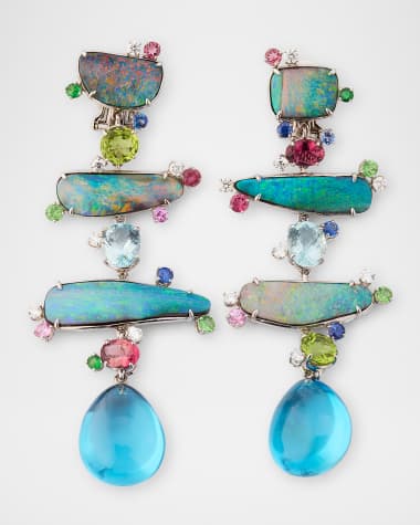 Margot McKinney Jewelry 18K White Gold Totem Earrings with Australian Opals and Detachable Topaz Drops