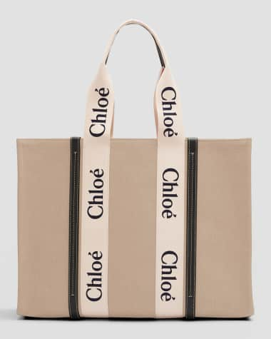 Chloe Woody Small Tote Bag in Linen with Crossbody Strap