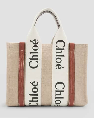 Chloe Woody Small Tote Bag in Linen with Crossbody Strap