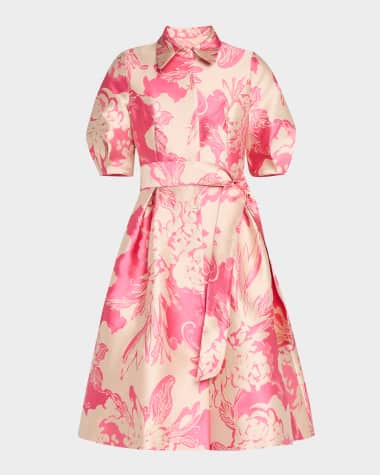 Rickie Freeman for Teri Jon Floral Jacquard Puff-Sleeve Shirtdress