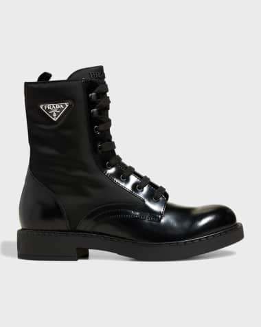 Prada Men's Nylon & Leather Triangle Logo Combat Boots