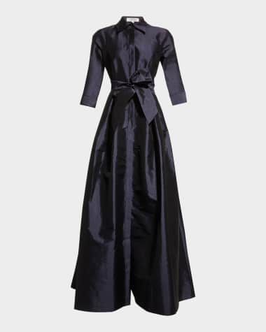 Rickie Freeman for Teri Jon 3/4-Sleeve Taffeta Shirtdress Gown