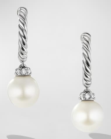 David Yurman Pearl and Pave Solari Drop Earrings with Diamonds in Silver, 5mm, 0.75"L