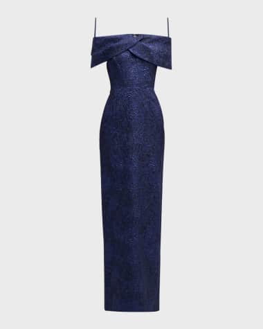Rickie Freeman for Teri Jon Off-Shoulder Jacquard Column Gown