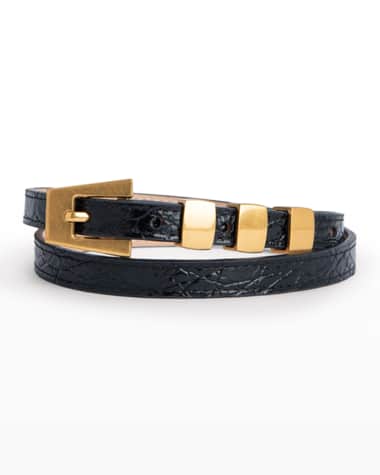 BY FAR Vic Croc-Embossed Leather Skinny Belt