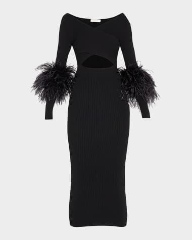 LAPOINTE Criss-Cross Cutout Midi Dress w/ Feather Trim