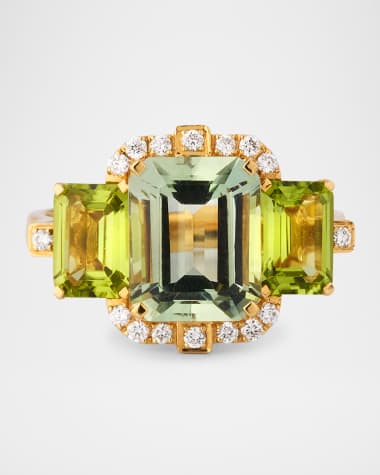Goshwara 18K Yellow Gold Emerald-Cut Prasiolite and Peridot Statement Ring with Diamonds, Size 6.5