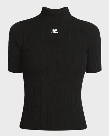 Courreges Mock-Neck Short-Sleeve Rib Pullover