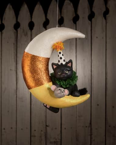 Bethany Lowe Halloween Party Kitty On Candy Corn Moon, Large