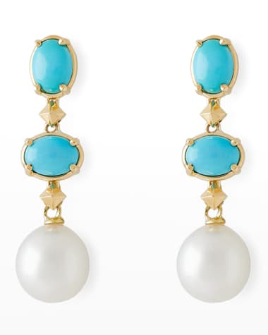 Pearls By Shari 18K Yellow Gold Oval Turquoise, 11mm South Sea Pearl and Small Cube Drop Earrings