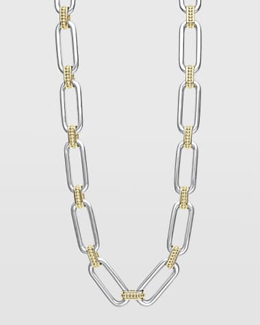 LAGOS Sterling Silver and 18K Signature Caviar Adjustable Toggle Closure Smooth Oval Link Necklace, 18"L