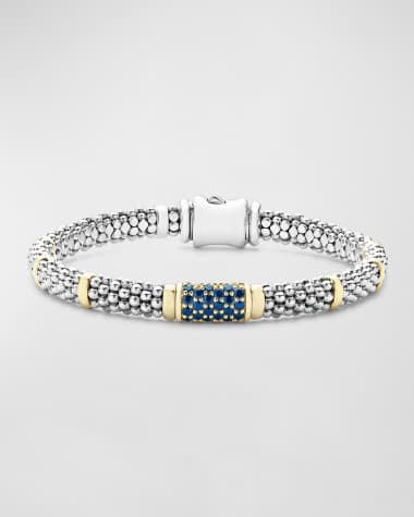LAGOS 18K Gold Station and Sterling Silver Caviar Bead Bracelet with Pavé Station of Blue Sapphires