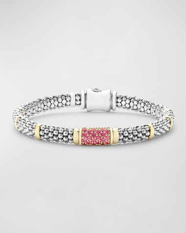 LAGOS 18K Gold Stations on Sterling Silver Caviar Bead Bracelet with Pink Sapphires. 6mm