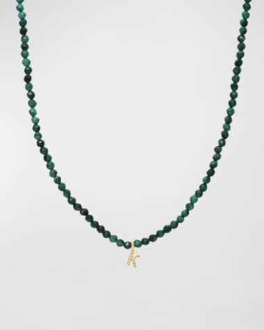 Zoe Lev Jewelry Malachite Beaded Mini Diamond Spaced Initial Necklace
