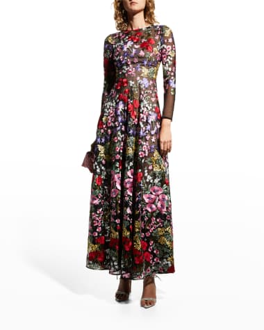 Dress the Population Black Label Ava Floral-Embroidered Bracelet-Sleeve Gown
