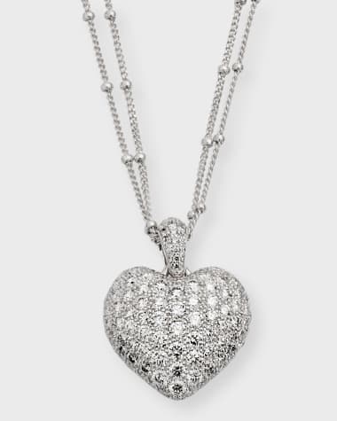 Neiman Marcus Diamonds 18k White Gold Double-Chain Heart Pendant Necklace, 18"L, 2.80tcw