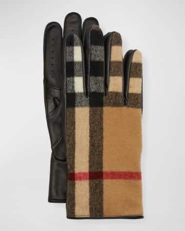 Burberry Men's Exaggerated Check Wool & Leather Gloves