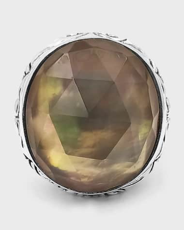 Stephen Dweck Faceted Smoky Quartz and White Mother-of-Pearl Dome Ring in Engraved Sterling Silver