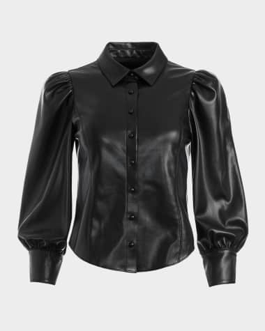 Alice + Olivia Nadine Puff-Sleeve Vegan Leather Blouse