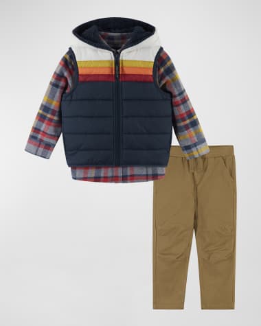 Andy & Evan Boy's Hooded Puffer Vest W/ Shirt & Joggers Set, Size 2-7