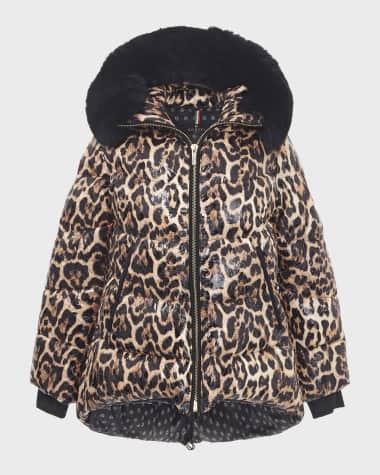 Gorski Apres-Ski Shiny Animal-Print Jacket w/ Detachable Lamb Shearling Trim