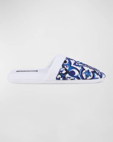 Dolce&Gabbana Men's Majolica-Print Cotton Slippers