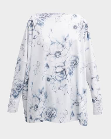 Eskandar Long Floral-Print T-Shirt with Slash Neck