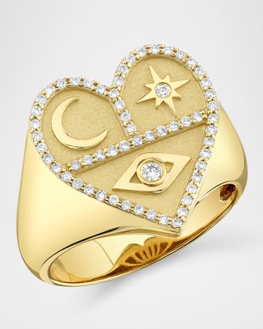 Sydney Evan 14K Yellow Gold Heart Icons Signet Ring with Diamonds