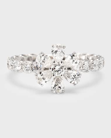 ZYDO 18K White Gold Flower Ring with Diamonds, Size 6.5