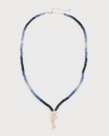 Sydney Evan Blue Sapphire Beaded Necklace with Diamond Love Script