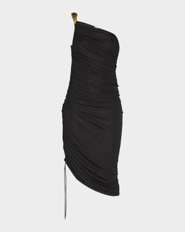 Bottega Veneta One-Shoulder Asymmetric Midi Dress with Gold-Tone Detail